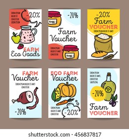 Vector set of discount coupons for farm food. Colorful doodle style discount voucher templates. Farm goods promo offer cards.