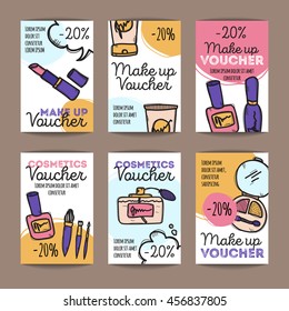 Vector set of discount coupons for make up products and perfumes. Colorful doodle style discount voucher templates. Cosmetics promo offer cards.