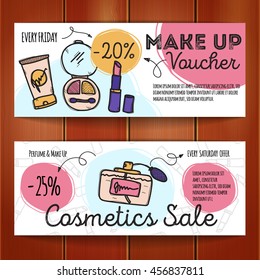 Vector set of discount coupons for make up products and perfumes. Colorful doodle style discount voucher templates. Cosmetics promo offer cards.