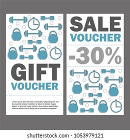 Vector set of discount coupons for sport accessories. Colorful style discount voucher templates. Gym and fitness equipment promo offer cards
