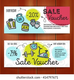 Vector Set Of Discount Coupons For Sport Accessories. Colorful Doodle Style Discount Voucher Templates. Gym And Fitness Equipment Promo Offer Cards.