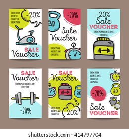 Vector Set Of Discount Coupons For Sport Accessories. Colorful Doodle Style Discount Voucher Templates. Gym And Fitness Equipment Promo Offer Cards.