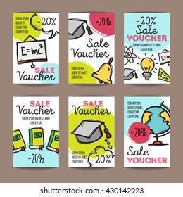 Vector set of discount coupons for stationary accessories. Colorful doodle style voucher templates. Back to school promo offer cards.