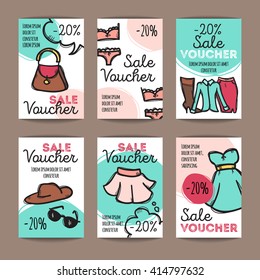 Vector set of discount coupons for woman clothes, underwear and accessories. Colorful doodle style discount voucher templates. Fashion store promo offer cards.