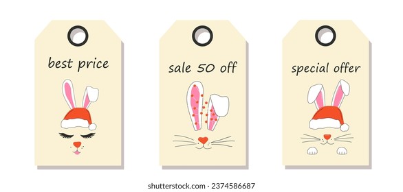 Conjunto de vectores de etiquetas de precio de descuento. Etiquetas con caras de un lindo conejo navideño con una guirnalda. Plantilla para etiquetas de compra. Venta de Navidad. 