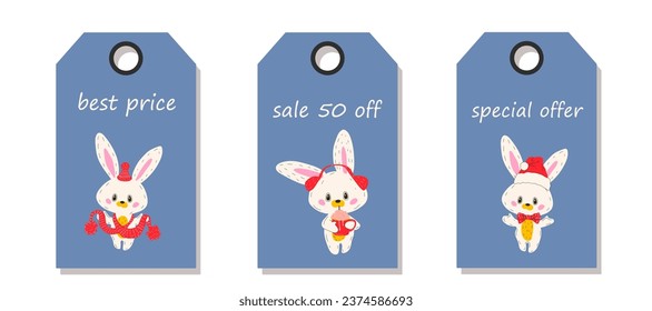 Vector set of discount price tags. Labels with Cute bunny in a hat and a scarf. Template for shopping tags. Christmas sale. 