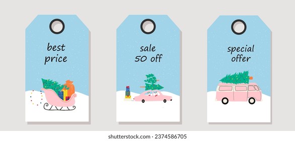 Vector set of discount price tags. Labels Christmas sleigh with gifts and Christmas tree and car. Template for shopping tags. Christmas sale. 