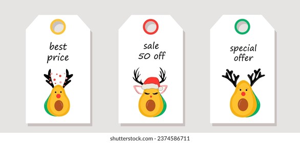 Conjunto de vectores de etiquetas de precio de descuento. Etiquetas con aguacate con accesorios de Navidad. Plantilla para etiquetas de compra. Venta de Navidad. 