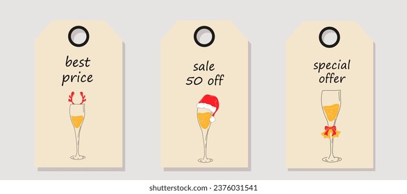 Vector set of discount price tags. Labels with Champagne glasses with Christmas accessories. Christmas sale.