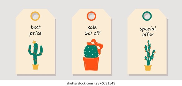 Vector set of discount price tags. Labels with Winter holiday decorations. Christmas cactus, scandinavian style branches and xmas tree toys. Christmas sale.