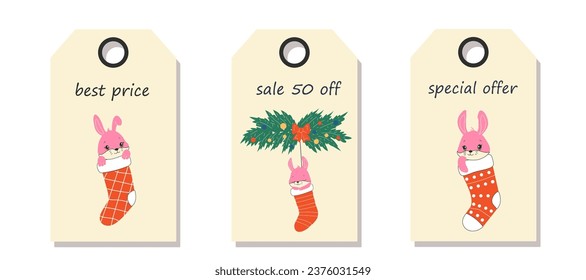 Conjunto de vectores de etiquetas de precio de descuento. Etiquetas con personajes de Draw adorables conejos duermen en calcetín de Navidad para el día de Navidad y año nuevo. Venta de Navidad.