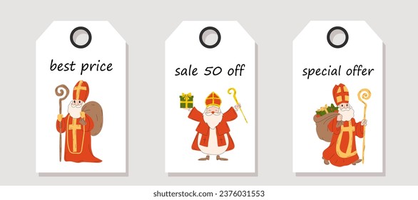 Vector set of discount price tags. Labels with Saint Nicholas christmas characters. Christmas sale.