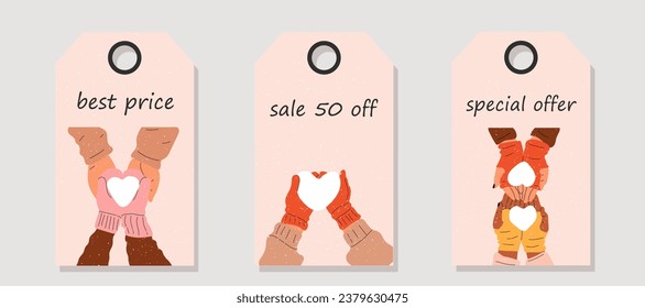 Vector set of discount price tags. Labels with Hands in mittens hold a heart made of snow. Christmas sale.	