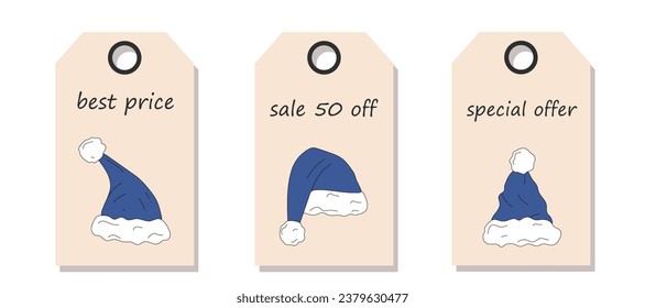 Vector set of discount price tags. Labels with blue Santa Claus hats. Christmas sale.	