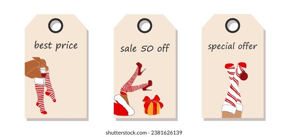 Conjunto de vectores de etiquetas de precio de descuento. Etiquetas con patas de Santa mujer con bola de navidad, regalo y vino. Venta de Navidad.	