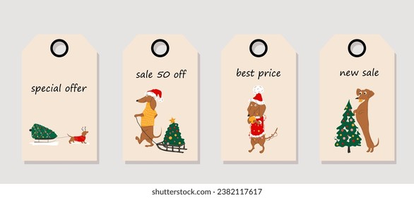 Vector set of discount price tags. Labels with Dachshunds dogs pulls a Christmas tree on a sleigh and decorate Christmas trees. Christmas sale.