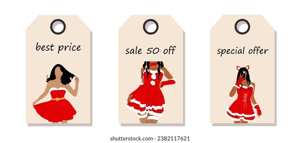 Vector set of discount price tags. Labels with girl is dressed in a sexy Christmas dress. Christmas sale.