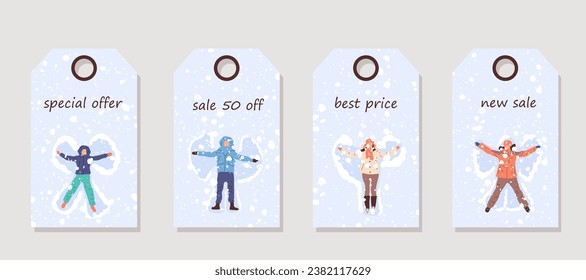 Vector set of discount price tags. Labels with Happy People Making Snow Angel. Christmas sale.