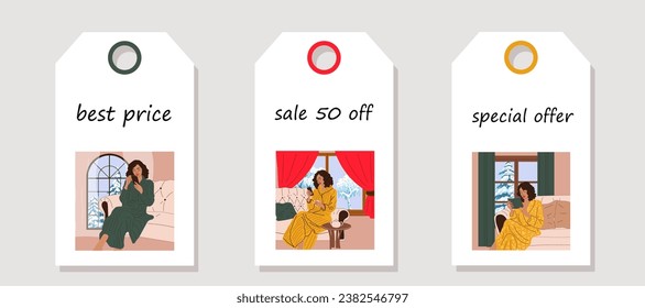 Vector set of discount price tags. Labels with girls are sitting on the sofa near the window with an winter view. Christmas sale.