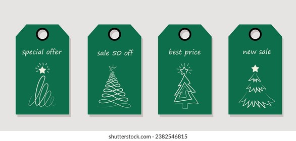 Vector set of discount price tags. Labels with Christmas tree line. Christmas sale.