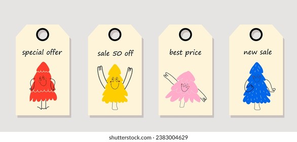 Conjunto de vectores de etiquetas de precio de descuento. Etiquetas con árbol de Navidad con emociones faciales, manos y piernas. Venta de Navidad.