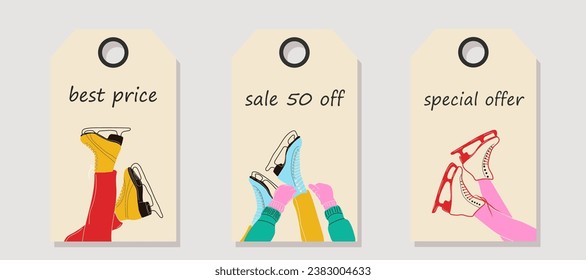 Vector set of discount price tags. Labels with ice skates for figure skating in winter. Christmas sale.	