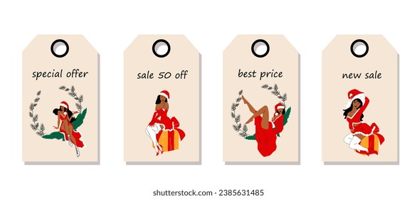 Conjunto de vectores de etiquetas de precio de descuento. Las etiquetas con chicas están vestidas con un vestido de Navidad sexy. Venta de Navidad.