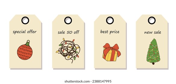 Vector set of discount price tags. Labels with with Christmas decorations. Christmas sale.	