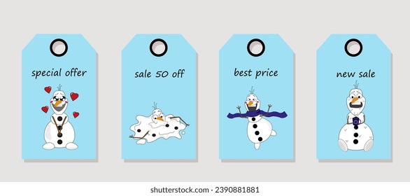 Vector set of discount price tags. Labels with Cute Cartoon Christmas snowman characters. Christmas sale.