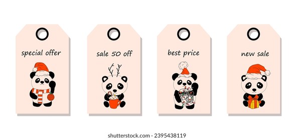 Vector set of discount price tags. Labels with Panda with decoration christmas. Christmas sale.