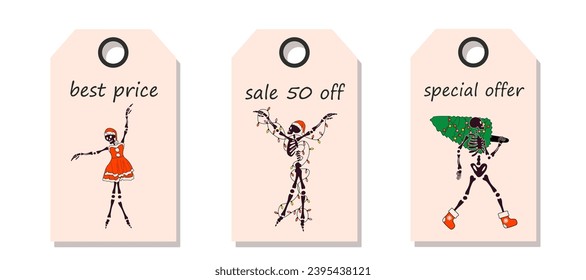 Vector set of discount price tags. Labels with Funny Skeleton with with decoration christmas. Christmas sale.