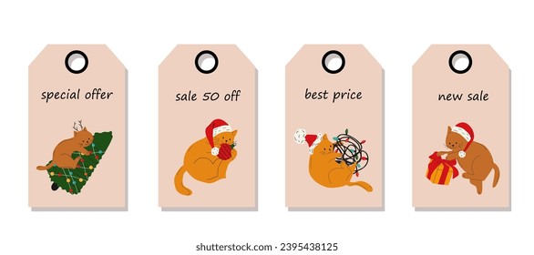 Conjunto de vectores de etiquetas de precio de descuento. Etiquetas con gatos Cute con decoración navideña. Venta de Navidad.