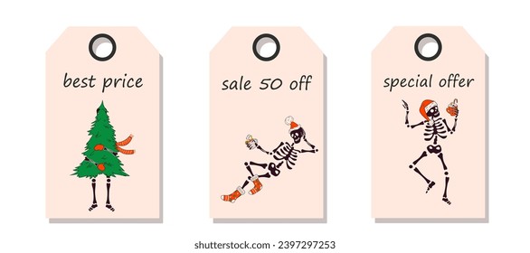 Vector set of discount price tags. Labels with Funny Skeleton with with decoration christmas. Christmas sale.	
