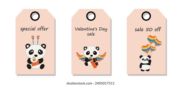 Vector set of discount price tags. Labels with  Cute little sitting pandas holds rainbow hearts. Valentine's day sale.