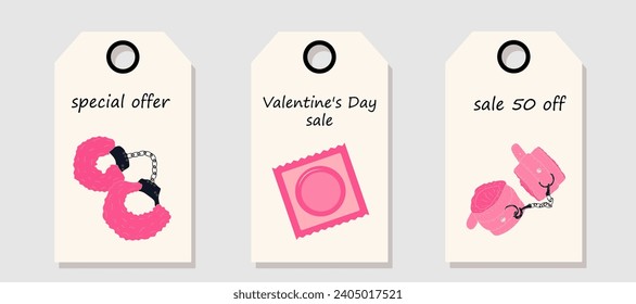 Conjunto de vectores de etiquetas de precio de descuento. Las etiquetas con piel rosa esposan esposas y condón. Venta del día de San Valentín.