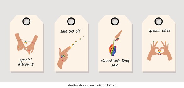 Vector set of discount price tags. Labels with Hands showing lgbt heart. Valentine's day sale.