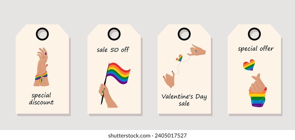 Vector set of discount price tags. Labels with Hands showing lgbt heart. Valentine's day sale.