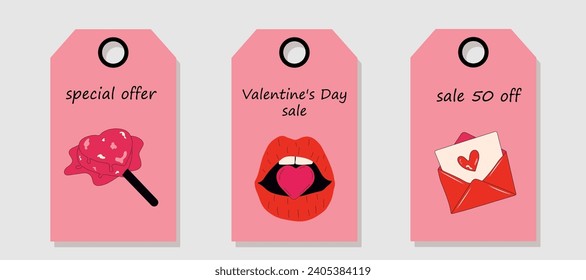 Vector set of discount price tags. Labels with  love stickers. Valentine's day sale.
