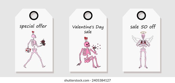 Conjunto de vectores de etiquetas de precio de descuento. Etiquetas con un gracioso esqueleto con decoración para el día de San Valentín. Venta del día de San Valentín.