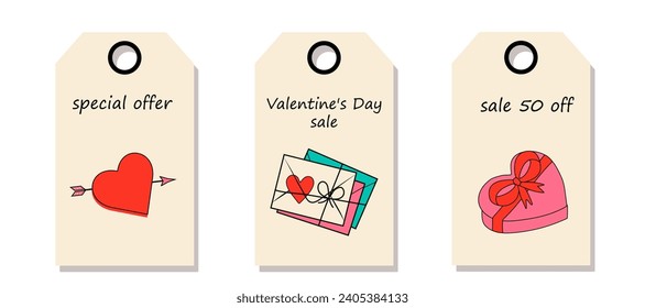 Vector set of discount price tags. Labels with valentines decorations. Valentine's day sale.	