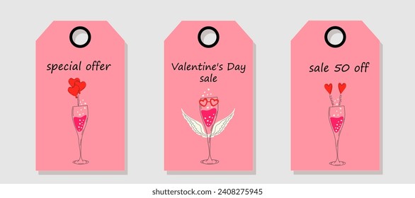 Conjunto de vectores de etiquetas de precio de descuento. Etiquetas con vidrio de champán decoradas para el Día de San Valentín. Venta del día de San Valentín.