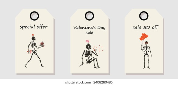 Vector set of discount price tags. Labels with Funny Skeleton with decor for Valentine's day. Valentine's day sale.	