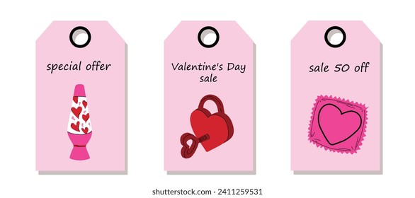 Vector set of discount price tags. Labels with Vintage stickers. Concept Valentine's day. Valentine's day sale.	