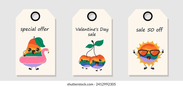 Vector set of discount price tags. Labels with Cute happy funny rainbow fruits with kawaii eyes. Valentine's day sale.	