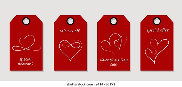 Conjunto de vectores de etiquetas de precio de descuento. Etiquetas con dibujo continuo de una línea en el corazón. Venta del día de San Valentín.