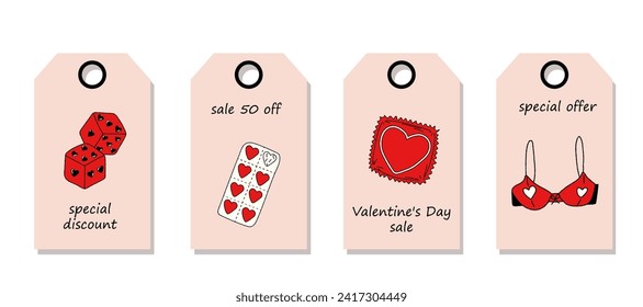 Vector set of discount price tags. Labels with Vintage stickers. Concept Valentine's day. Valentine's day sale.	
