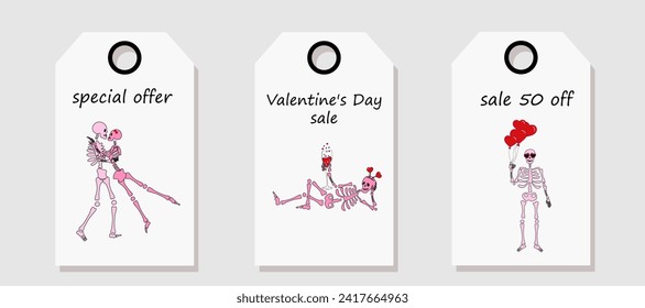 Vector set of discount price tags. Labels with Funny Skeleton with decor for Valentine's day. Valentine's day sale.	