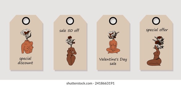 Vector set of discount price tags. Labels with Naked women body with flowers and leaves.Body Positive. Valentine's day sale.