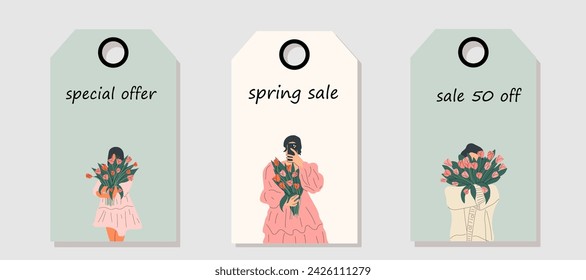 Vector set of discount price tags. Labels with woman is holding a bouquet of tulips. Femininity, feminism, prosperity and self love concept. Spring sale.