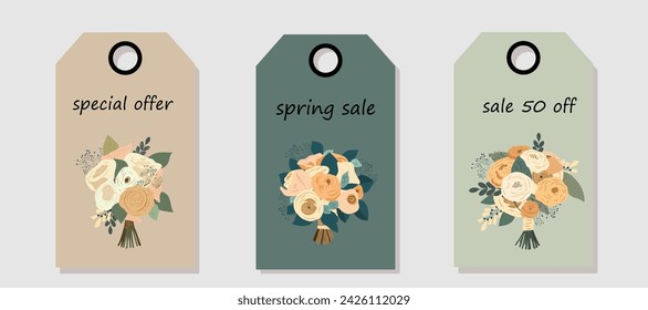 Vector set of discount price tags. Labels with bouquet. Spring sale.
